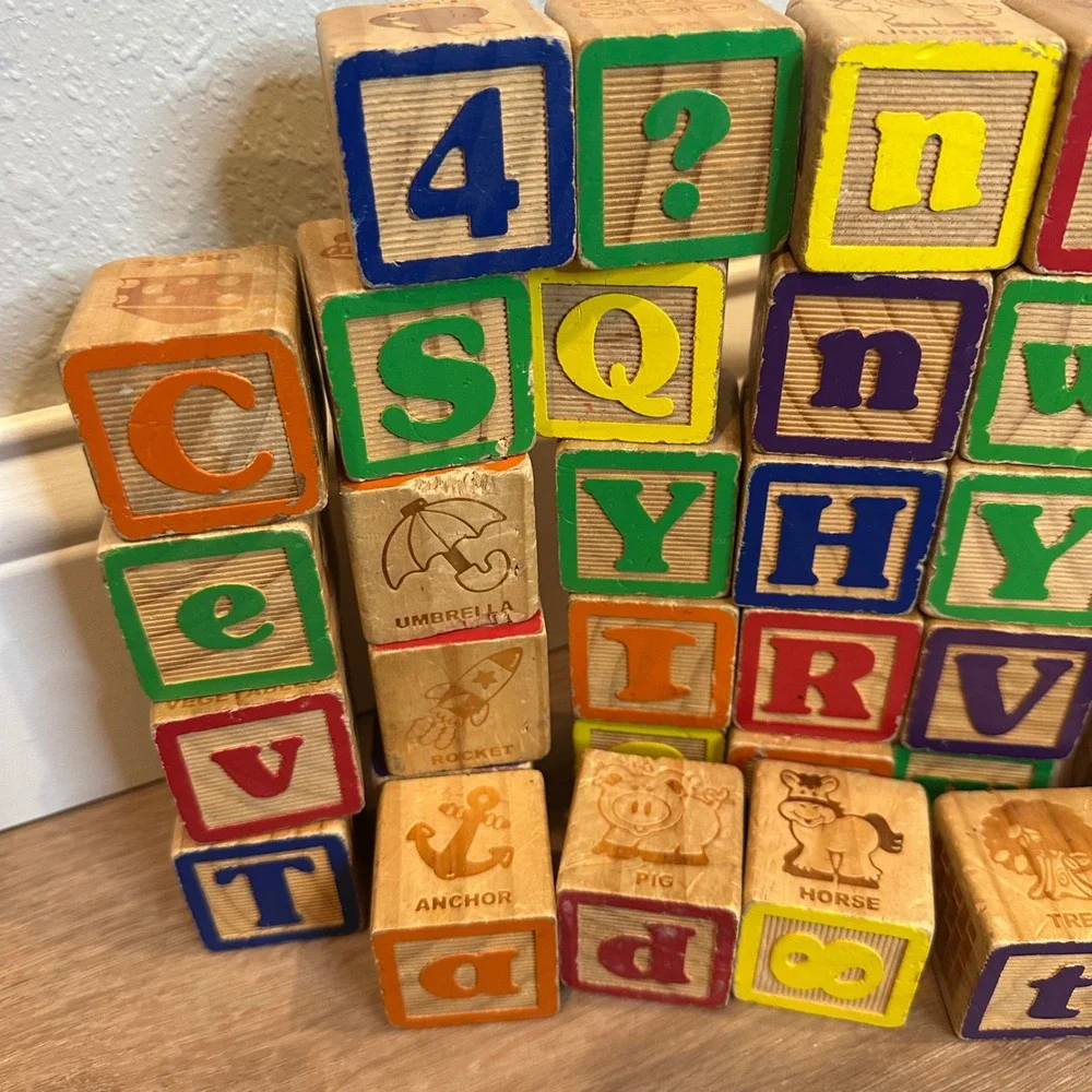 Wooden Alphabet Blocks Kids OS Multicolor Vintage Style Learning Toy STEM ECO